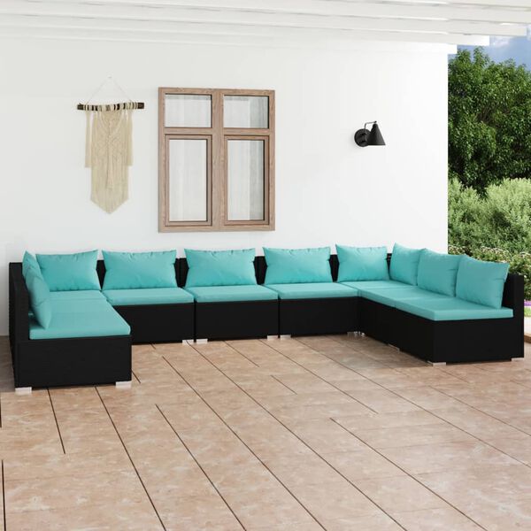 vidaXL Set de muebles de jard&iacute;n 9 pzas y cojines rat&aacute;n sint&eacute;tico negro