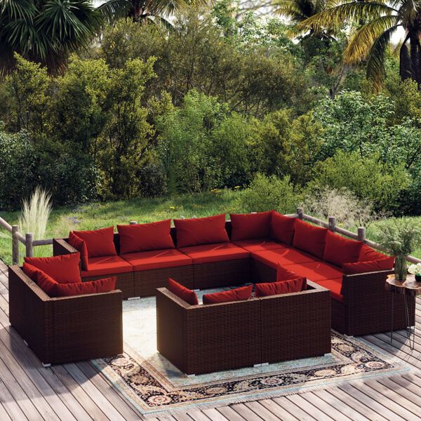 vidaXL Set muebles de jardín 11 piezas cojines ratán sintético marrón