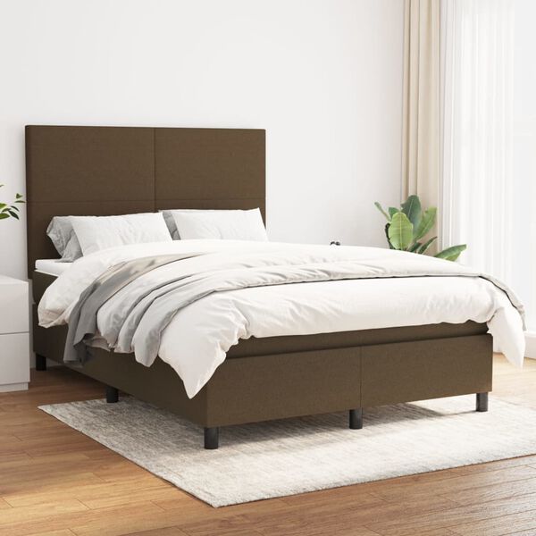 vidaXL Cama box spring con colch&oacute;n tela marr&oacute;n oscuro 140x190 cm