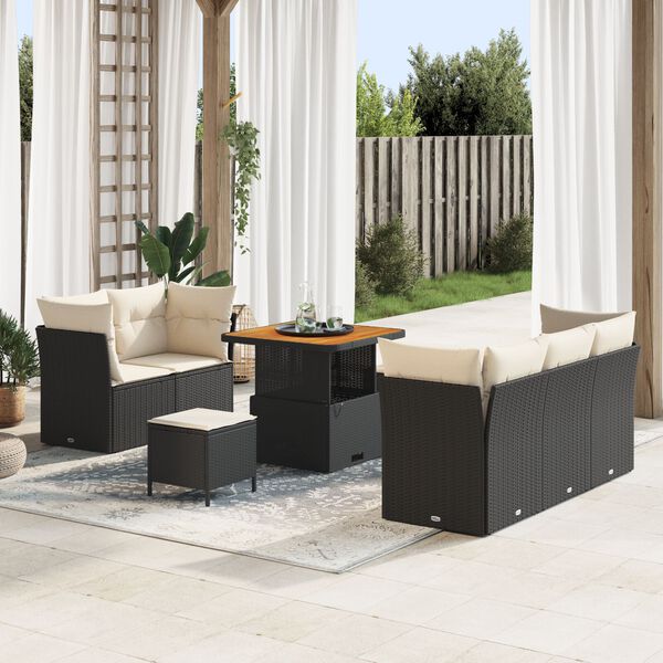 vidaXL Conjunto de sof&aacute; de jard&iacute;n 8 pcs Negro y crema rat&aacute;n sint&eacute;tico