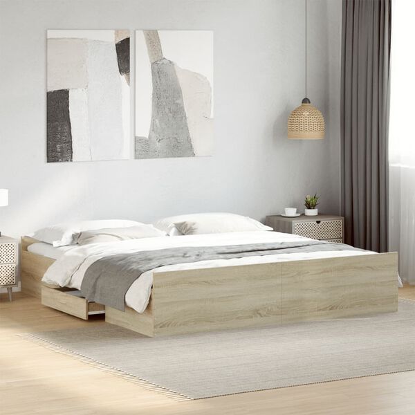 vidaXL Cama con cajones madera ingenier&iacute;a roble Sonoma 200x200 cm