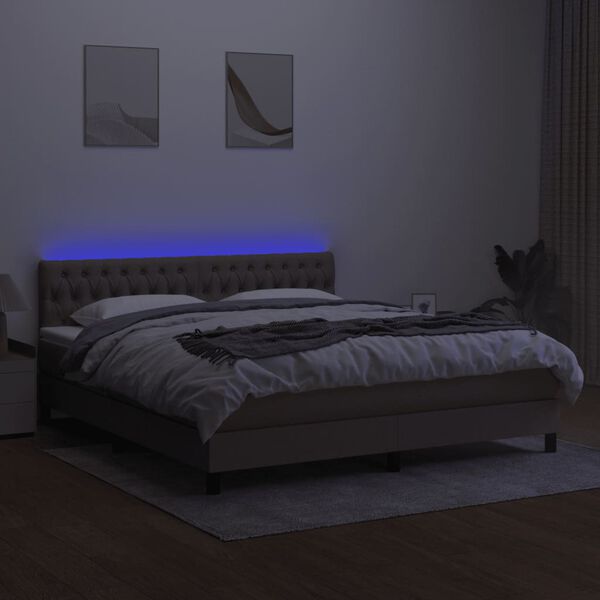 vidaXL Cama box spring colch&oacute;n y luces LED tela gris taupe 160x200 cm