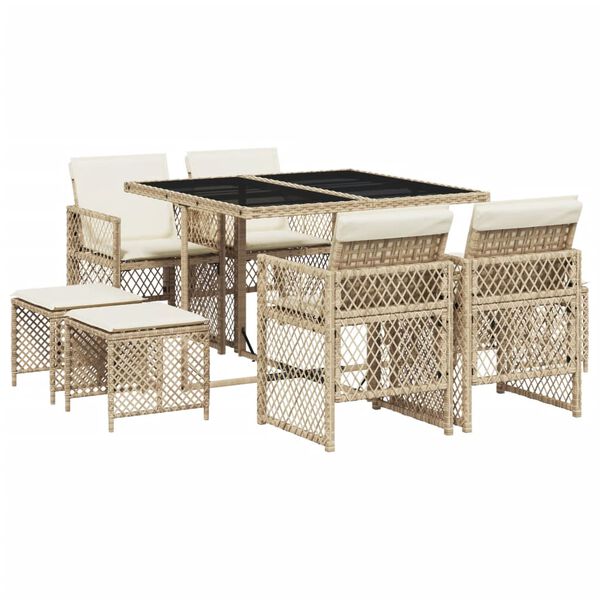vidaXL Set comedor de jard&iacute;n 9 pzas con cojines rat&aacute;n sint&eacute;tico beige