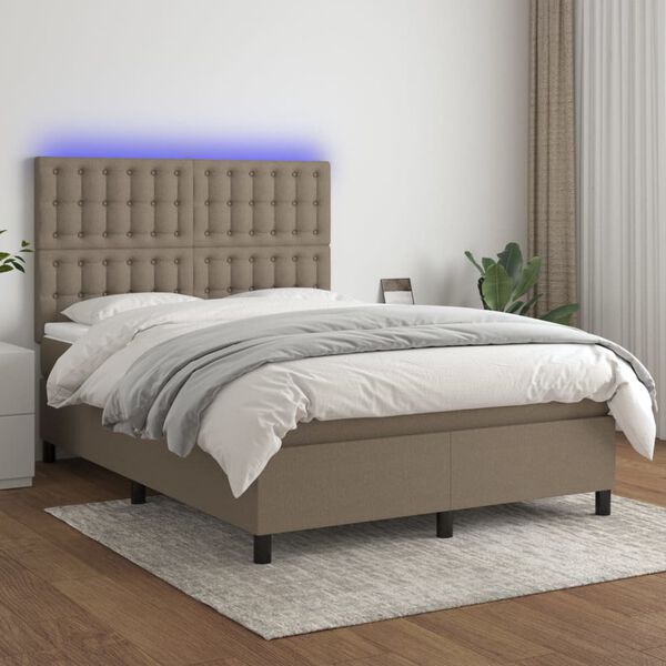 vidaXL Cama box spring colch&oacute;n y luces LED tela gris taupe 140x200 cm