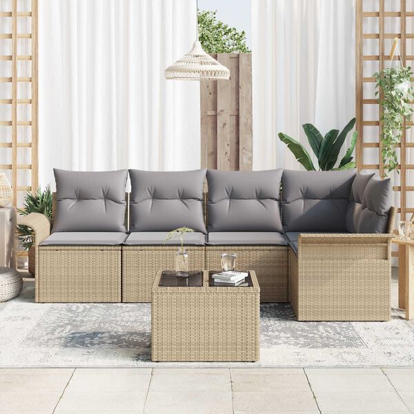 vidaXL Conjunto de sof&aacute; de jard&iacute;n con coj&iacute;n 6 pcs Beige Polirat&aacute;n