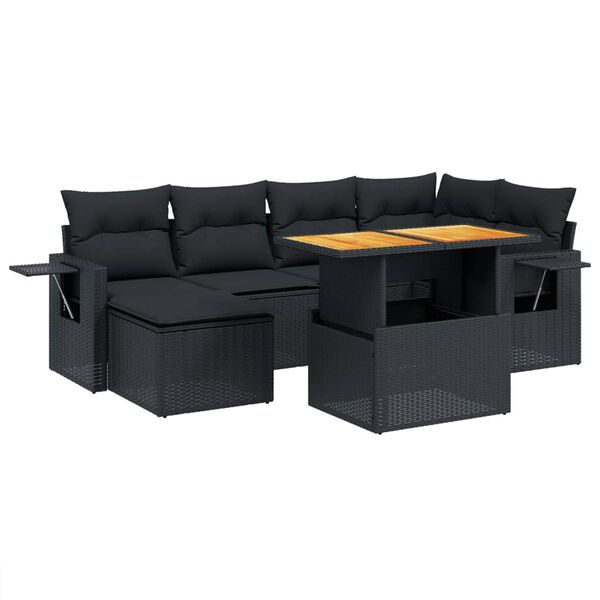 vidaXL Set de comedor de jard&iacute;n 7 pzas y cojines rat&aacute;n sint&eacute;tico negro