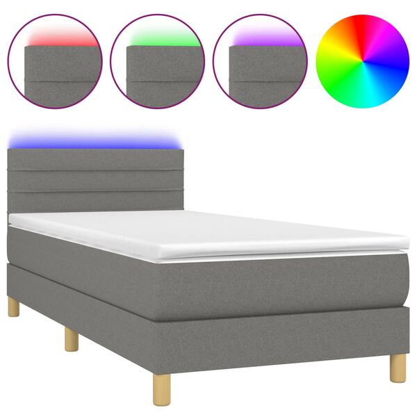 vidaXL Cama box spring con colch&oacute;n y LED tela gris oscuro 90x190 cm