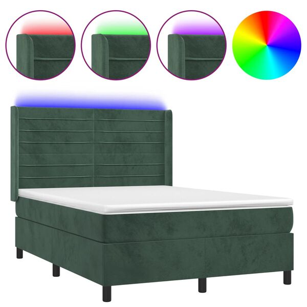 vidaXL Cama box spring colch&oacute;n y LED terciopelo verde oscuro 140x190cm