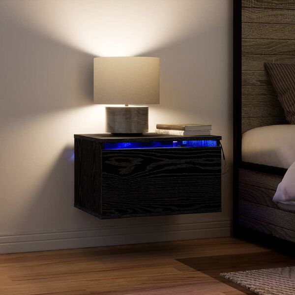 vidaXL Mesita de noche de pared con caj&oacute;n Roble Negro 50 x 36 x 30 cm