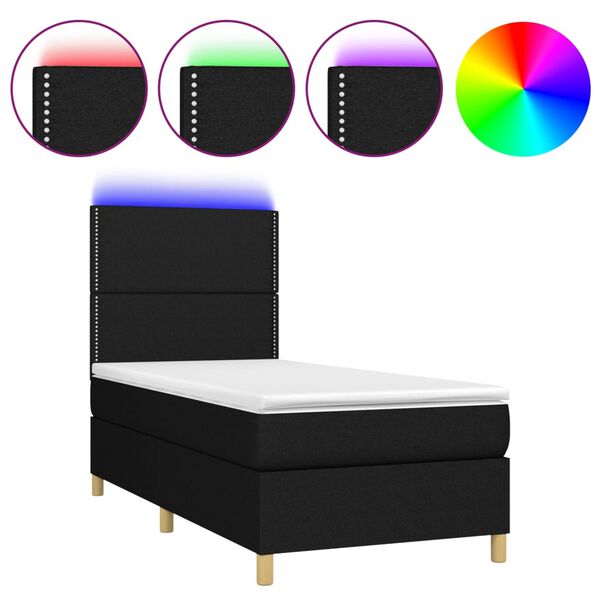vidaXL Cama box spring colch&oacute;n y luces LED tela negro 90x190 cm