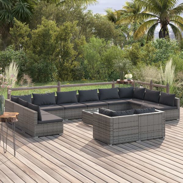 vidaXL Set de muebles de jard&iacute;n 13 pzas y cojines rat&aacute;n sint&eacute;tico gris