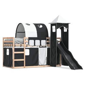 vidaXL Litera con tobog&aacute;n y cortinas blanco y negro 80x200 cm