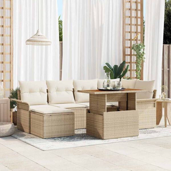 vidaXL Conjunto de sof&aacute; de jard&iacute;n 7 pcs Beige Polirat&aacute;n