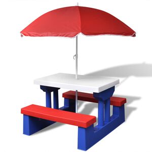 vidaXL Mesa de picnic y bancos para ni&ntilde;os y sombrilla multicolor