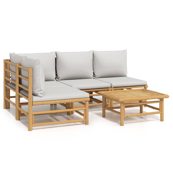 vidaXL Set de muebles de jardín 5 piezas bambú y cojines gris claro