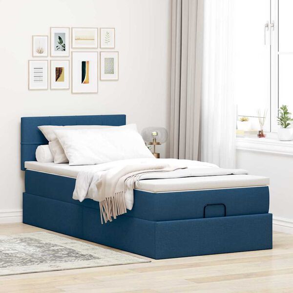 vidaXL Cama otomana con colch&oacute;n y luces LED azul 90x200 cm Tela