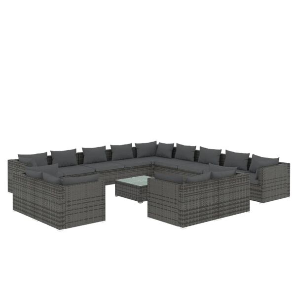vidaXL Set de muebles de jard&iacute;n 14 pzas y cojines rat&aacute;n sint&eacute;tico gris