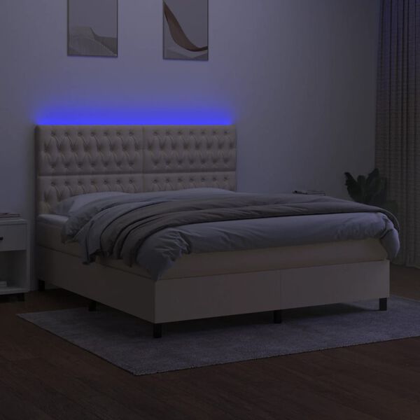 vidaXL Cama box spring colch&oacute;n y luces LED tela crema 180x200 cm