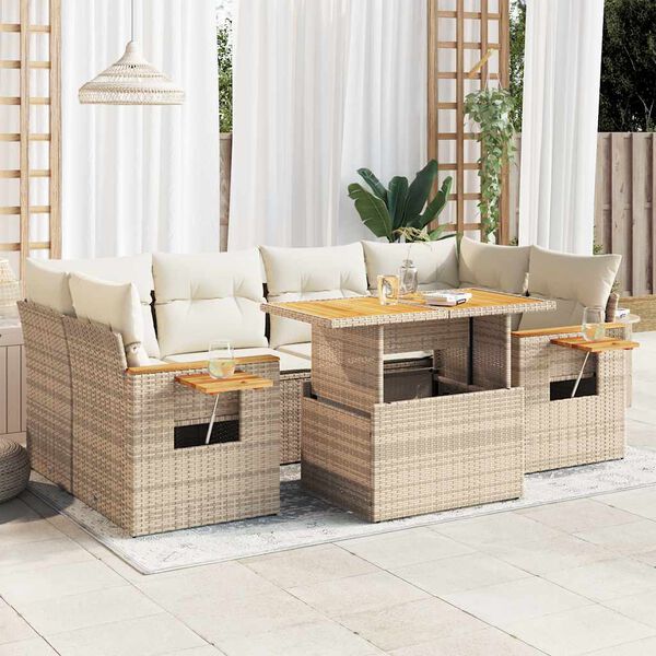 vidaXL Set sof&aacute;s jard&iacute;n y cojines 7 pzas rat&aacute;n sint&eacute;tico acacia beige