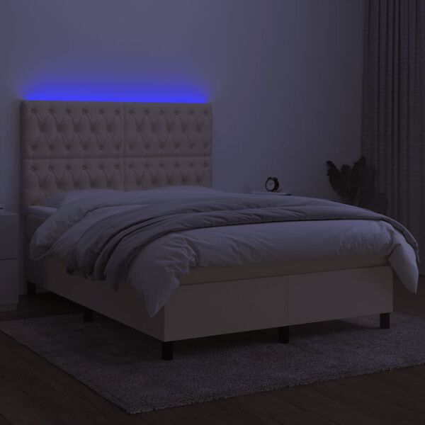 vidaXL Cama box spring colch&oacute;n y luces LED tela crema 140x190 cm