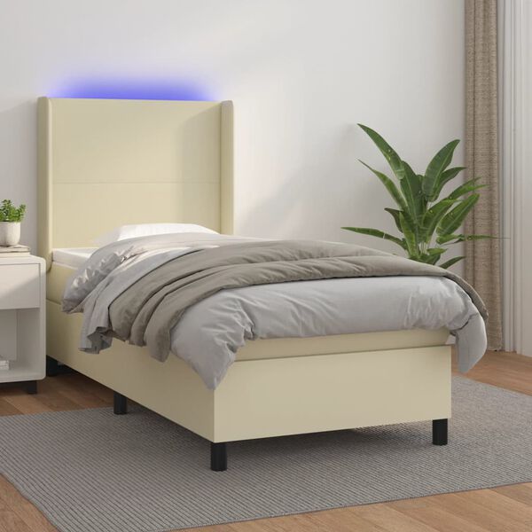 vidaXL Cama box spring y colch&oacute;n LED cuero sint&eacute;tico crema 80x200 cm