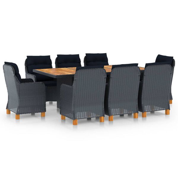 vidaXL Set comedor jard&iacute;n 9 pzas cojines rat&aacute;n sint&eacute;tico gris oscuro