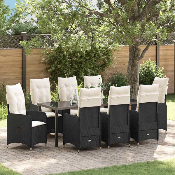 vidaXL Conjunto de Comedor de Jard&iacute;n con coj&iacute;n 9 pcs Negro Polirat&aacute;n
