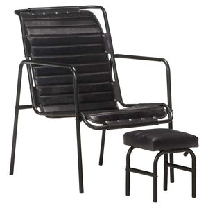 vidaXL Silla de relax reposabrazos y reposapi&eacute;s cuero aut&eacute;ntico negro