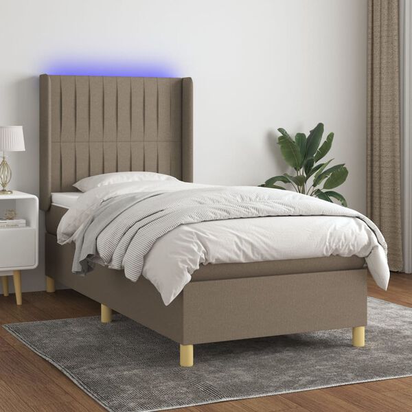 vidaXL Cama box spring colch&oacute;n y luces LED tela gris taupe 90x200 cm
