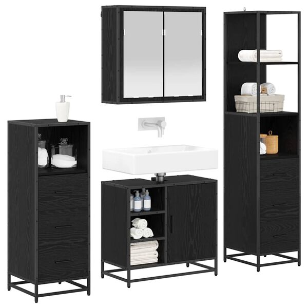 vidaXL Juego de muebles de ba&ntilde;o 4 pcs Roble Negro Madera de ingenier&iacute;a