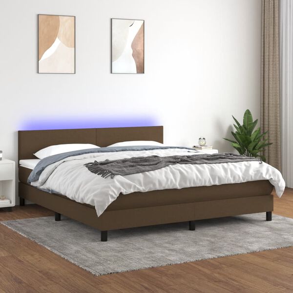 vidaXL Cama box spring con colch&oacute;n LED tela marr&oacute;n oscuro 160x200 cm