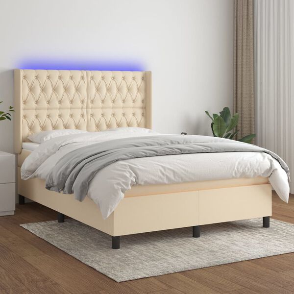 vidaXL Cama box spring colch&oacute;n y luces LED tela crema 140x190 cm