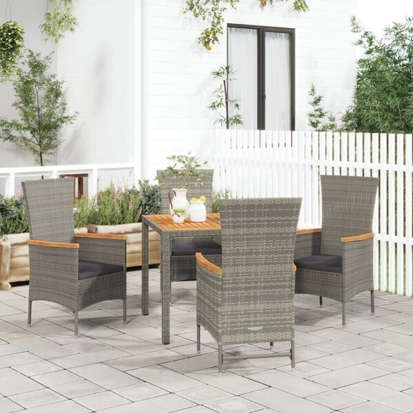 vidaXL Set comedor de jard&iacute;n 5 piezas con cojines rat&aacute;n sint&eacute;tico gris
