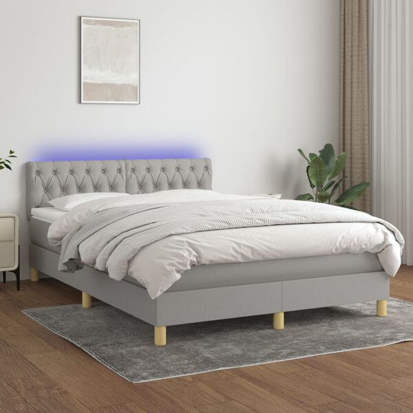 vidaXL Cama box spring colch&oacute;n y luces LED tela gris claro 140x190 cm
