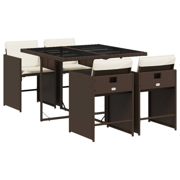 vidaXL Set comedor de jard&iacute;n 5 piezas y cojines rat&aacute;n sint&eacute;tico marr&oacute;n