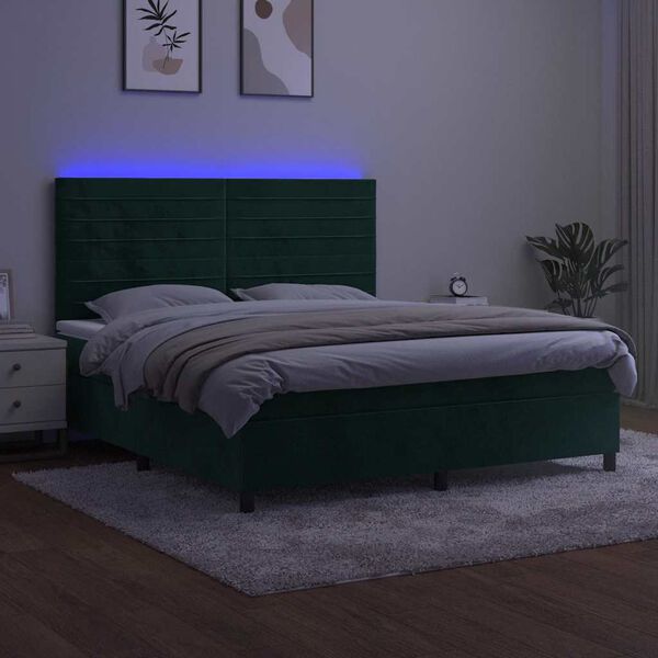 vidaXL Cama box spring colch&oacute;n y LED terciopelo verde oscuro 160x200cm