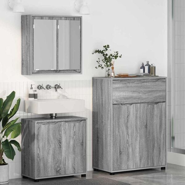vidaXL Juego de muebles de ba&ntilde;o 3 pcs Gris Sonoma Madera contrachapada