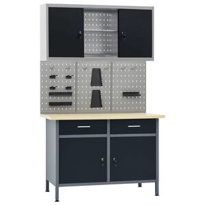 vidaXL Banco de trabajo con tres paneles de pared y un armario