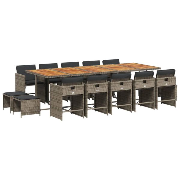 vidaXL Set comedor de jard&iacute;n con cojines 15 pzas rat&aacute;n sint&eacute;tico gris