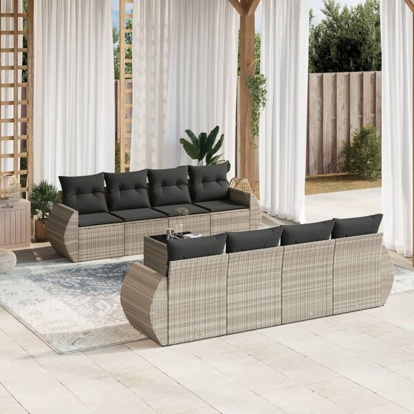 vidaXL Set muebles jard&iacute;n 9 pzas y cojines rat&aacute;n sint&eacute;tico gris claro