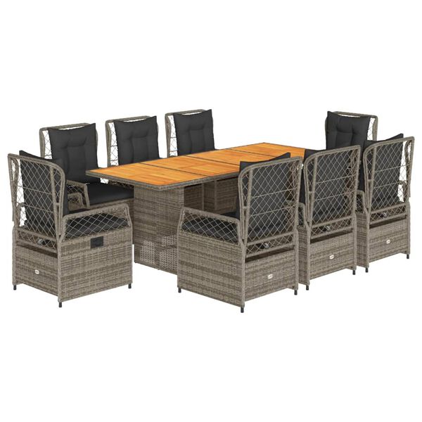 vidaXL Set comedor jard&iacute;n 9 pzas y cojines rat&aacute;n sint&eacute;tico gris