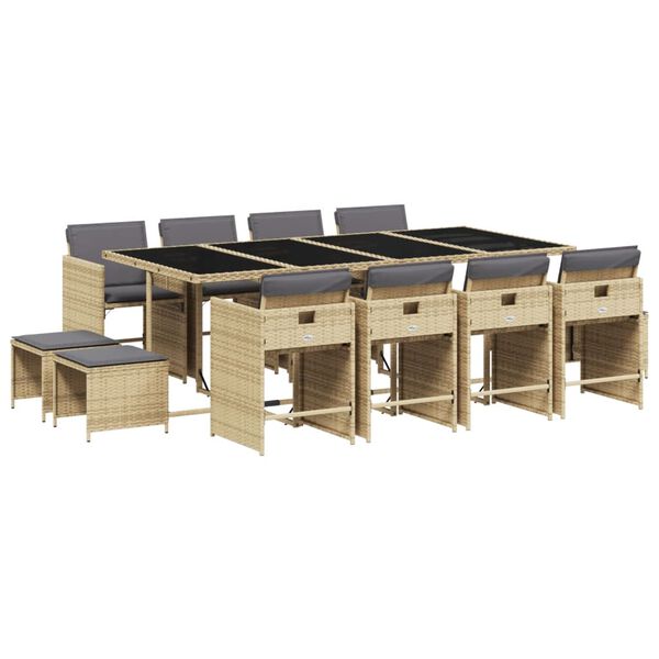 vidaXL Set comedor de jard&iacute;n con cojines 13 pzas rat&aacute;n sint&eacute;tico beige