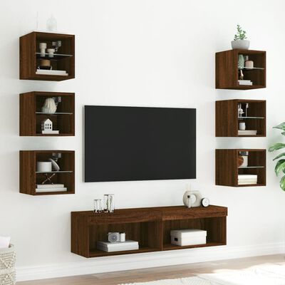vidaXL Muebles TV pared con LED 8 pzas madera ingeniería marrón roble