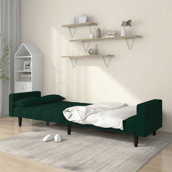 vidaXL Sof&aacute; cama de 2 plazas con dos almohadas terciopelo verde oscuro