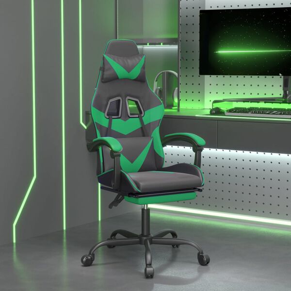 vidaXL Silla gaming giratoria y reposapiés cuero sintético negro verde
