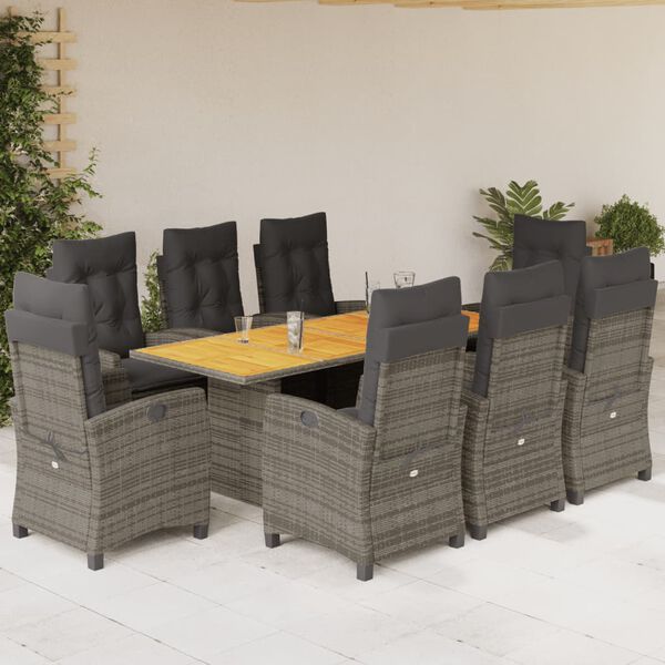 vidaXL Set comedor jard&iacute;n 9 pzas y cojines rat&aacute;n sint&eacute;tico gris