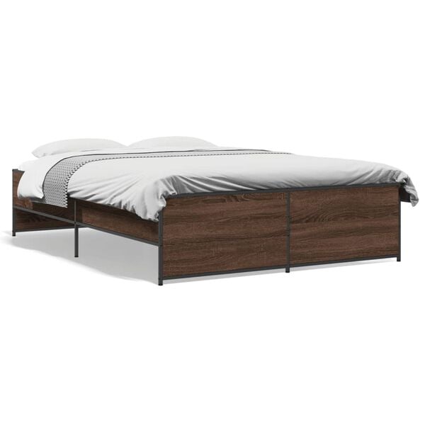 vidaXL Estructura cama madera ingenier&iacute;a metal marr&oacute;n roble 135x190 cm