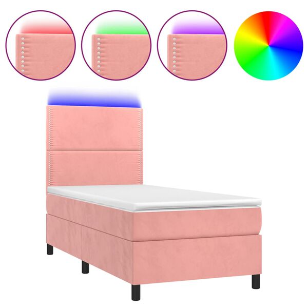 vidaXL Cama box spring colch&oacute;n y LED terciopelo rosa 90x200 cm