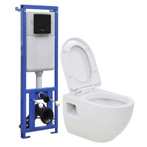 vidaXL Inodoro de pared con cisterna alta oculta de cer&aacute;mica