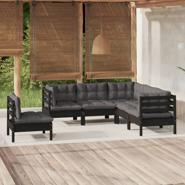 vidaXL Muebles de jardín 5 pzas con cojines negro madera de pino